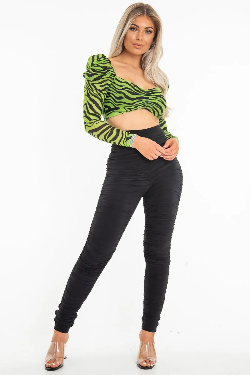 Lime Animal Print Mesh Puff Sleeve Crop Top - Kiarra