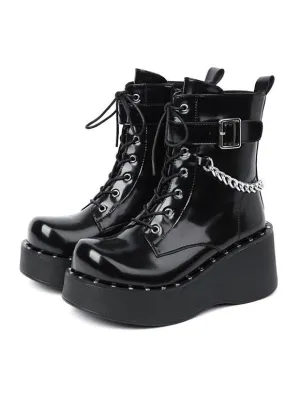 Lolita Ankle Boots Round Toe PU Leather Black Lolita Footwear