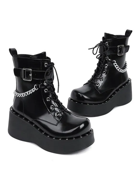 Lolita Ankle Boots Round Toe PU Leather Black Lolita Footwear