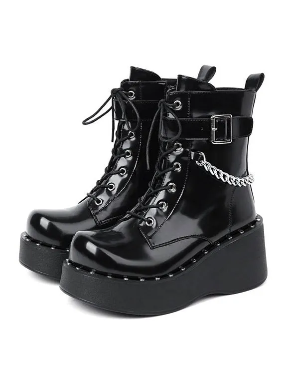Lolita Ankle Boots Round Toe PU Leather Black Lolita Footwear