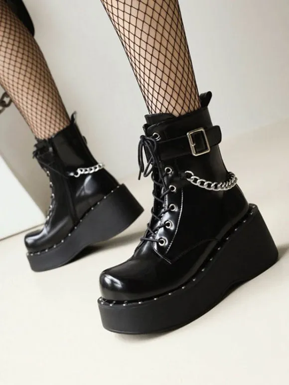 Lolita Ankle Boots Round Toe PU Leather Black Lolita Footwear