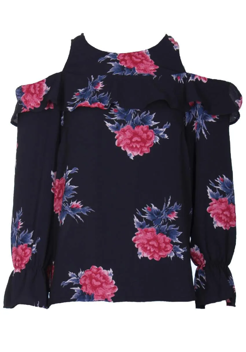 Long Sleeve Black Cold Shoulder Floral Top