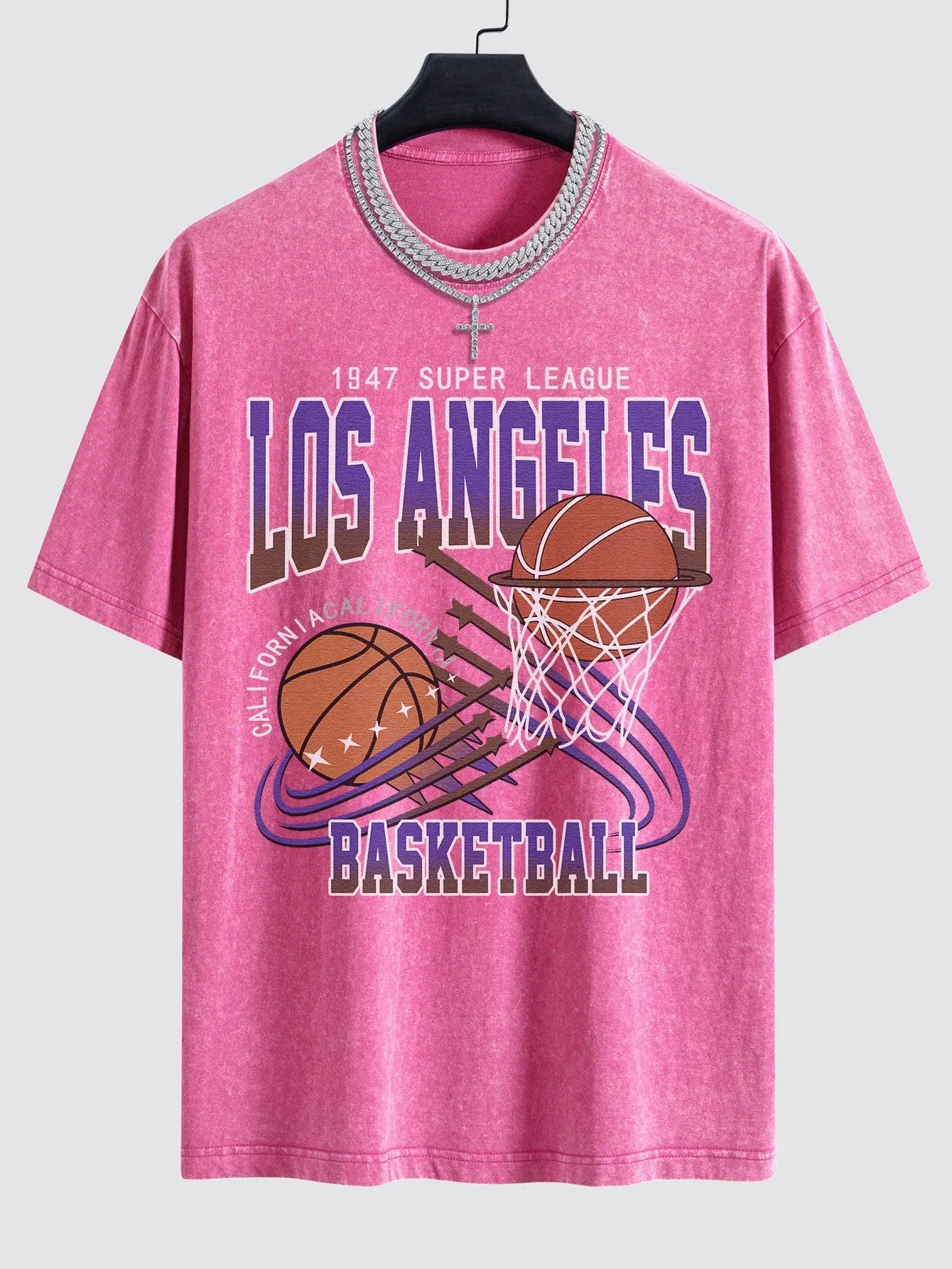 Los Angeles Basketball Print Dicuci T-shirt T-shirt