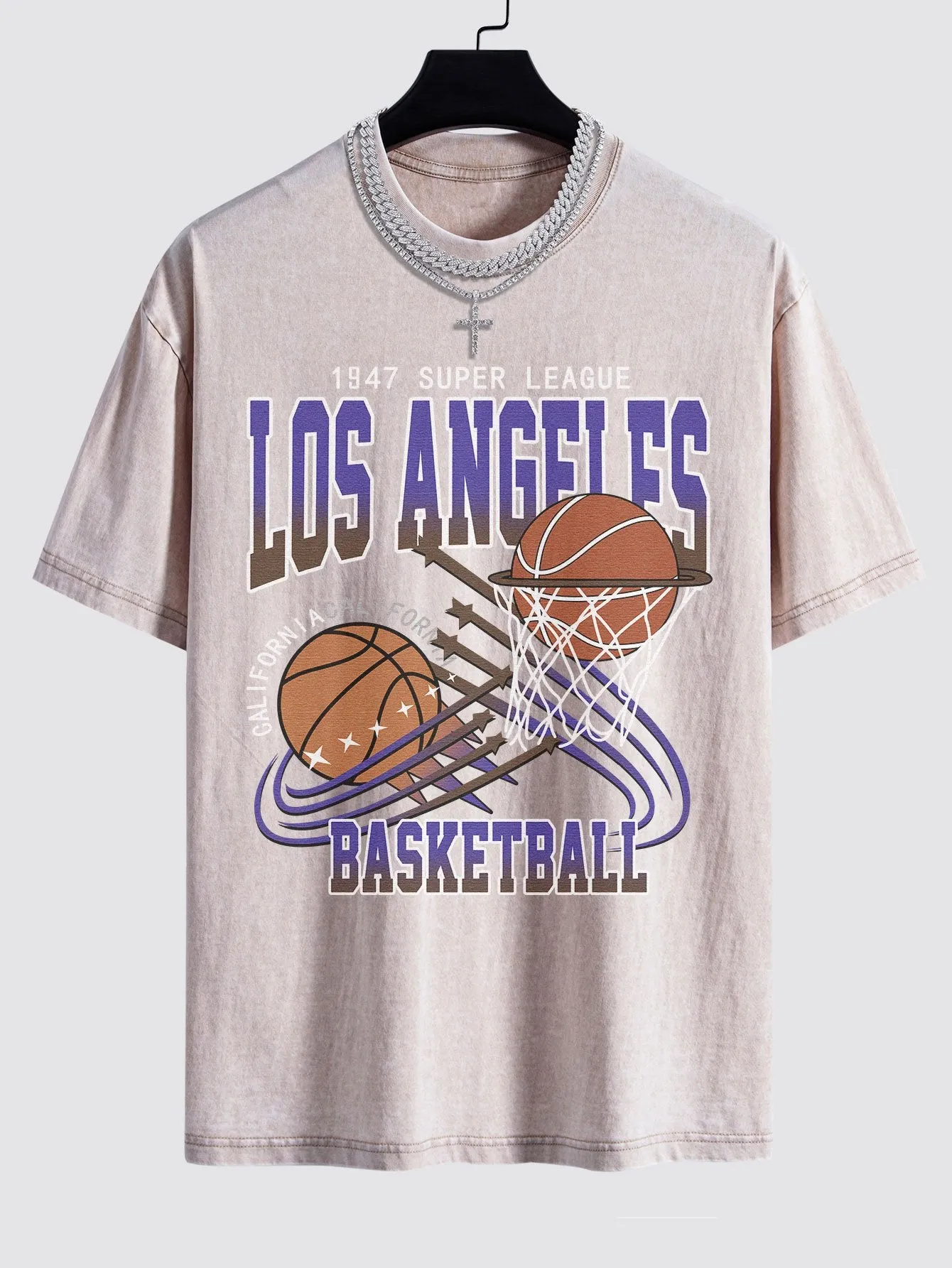 Los Angeles Basketball Print Dicuci T-shirt T-shirt