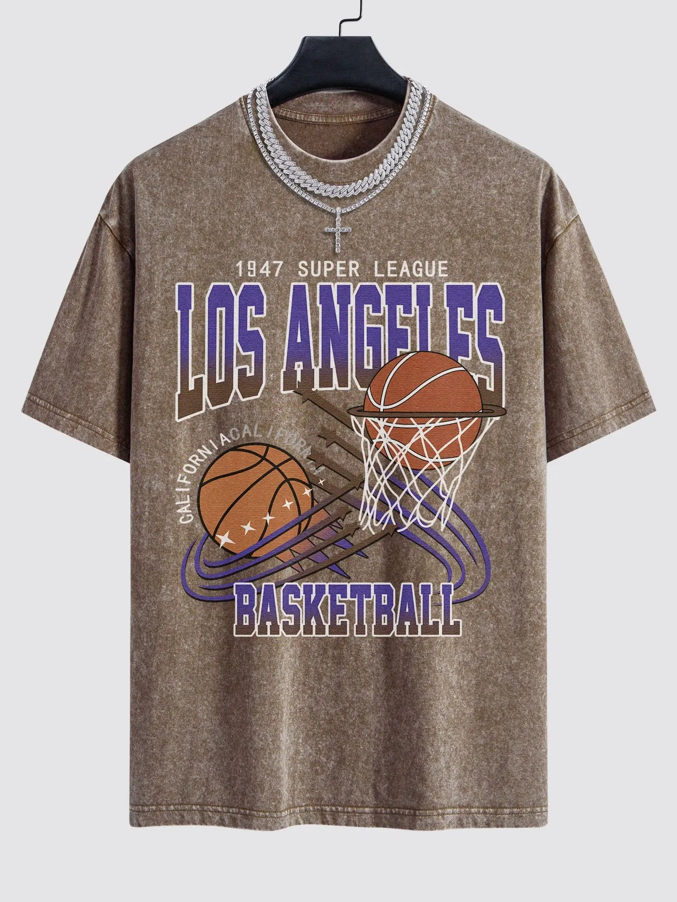Los Angeles Basketball Print Dicuci T-shirt T-shirt