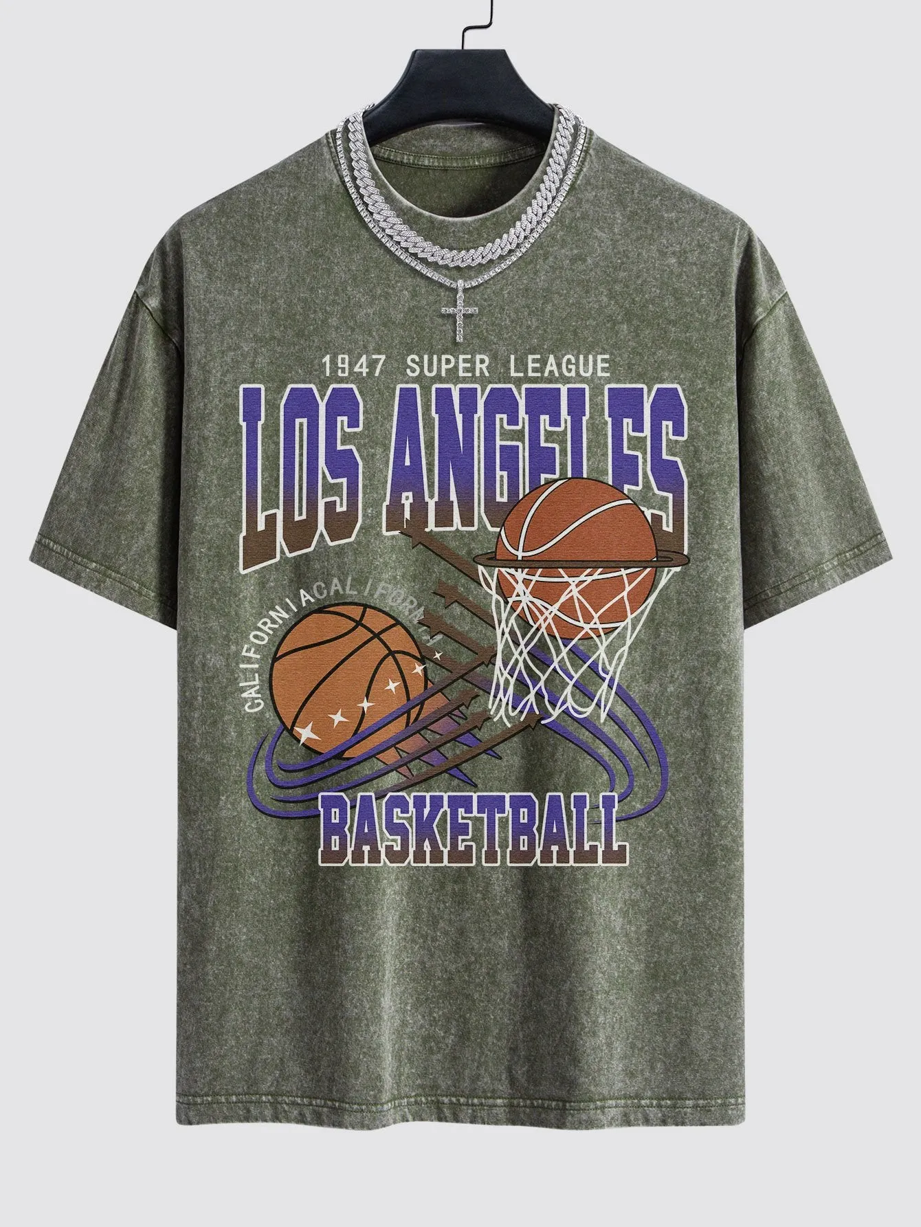 Los Angeles Basketball Print Dicuci T-shirt T-shirt