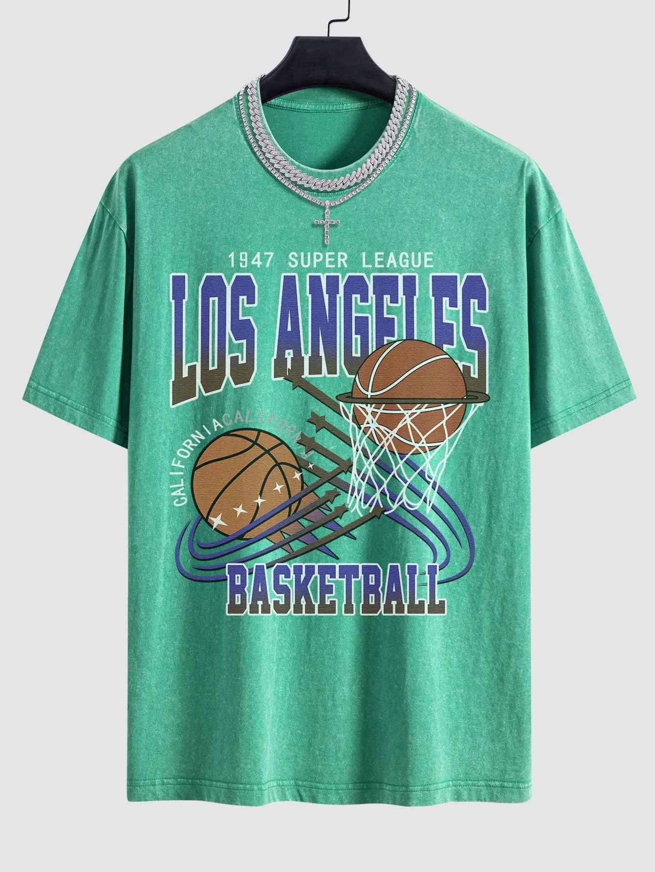 Los Angeles Basketball Print Dicuci T-shirt T-shirt