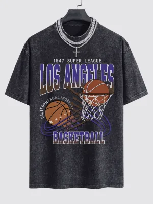 Los Angeles Basketball Print Dicuci T-shirt T-shirt