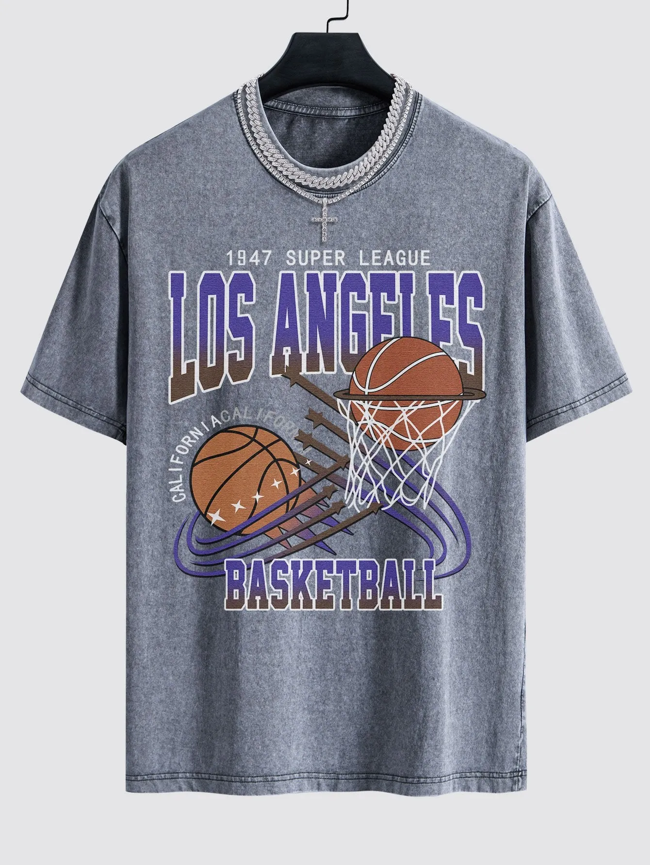 Los Angeles Basketball Print Dicuci T-shirt T-shirt