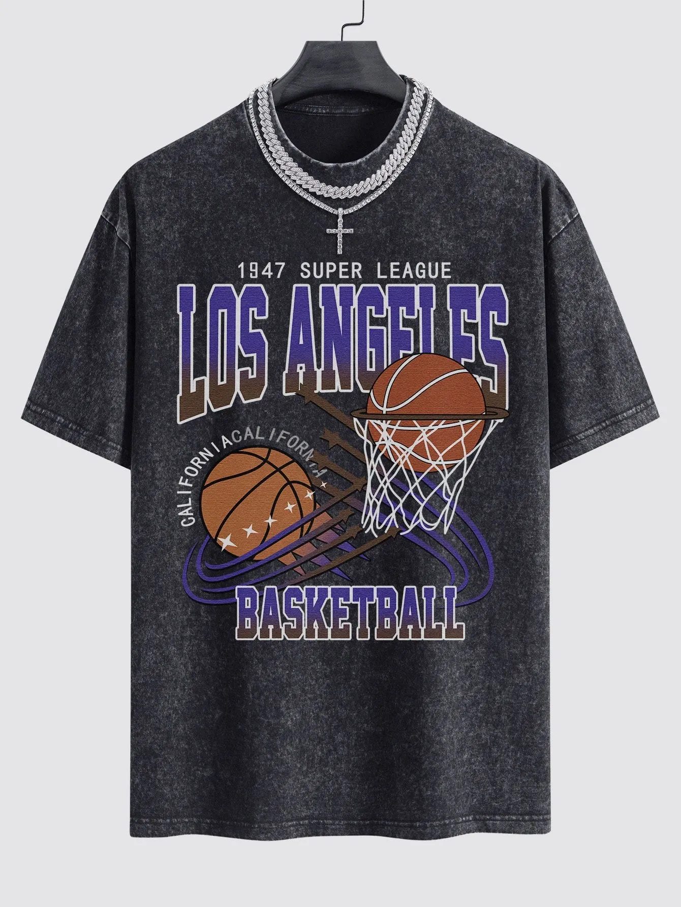Los Angeles Basketball Print Dicuci T-shirt T-shirt