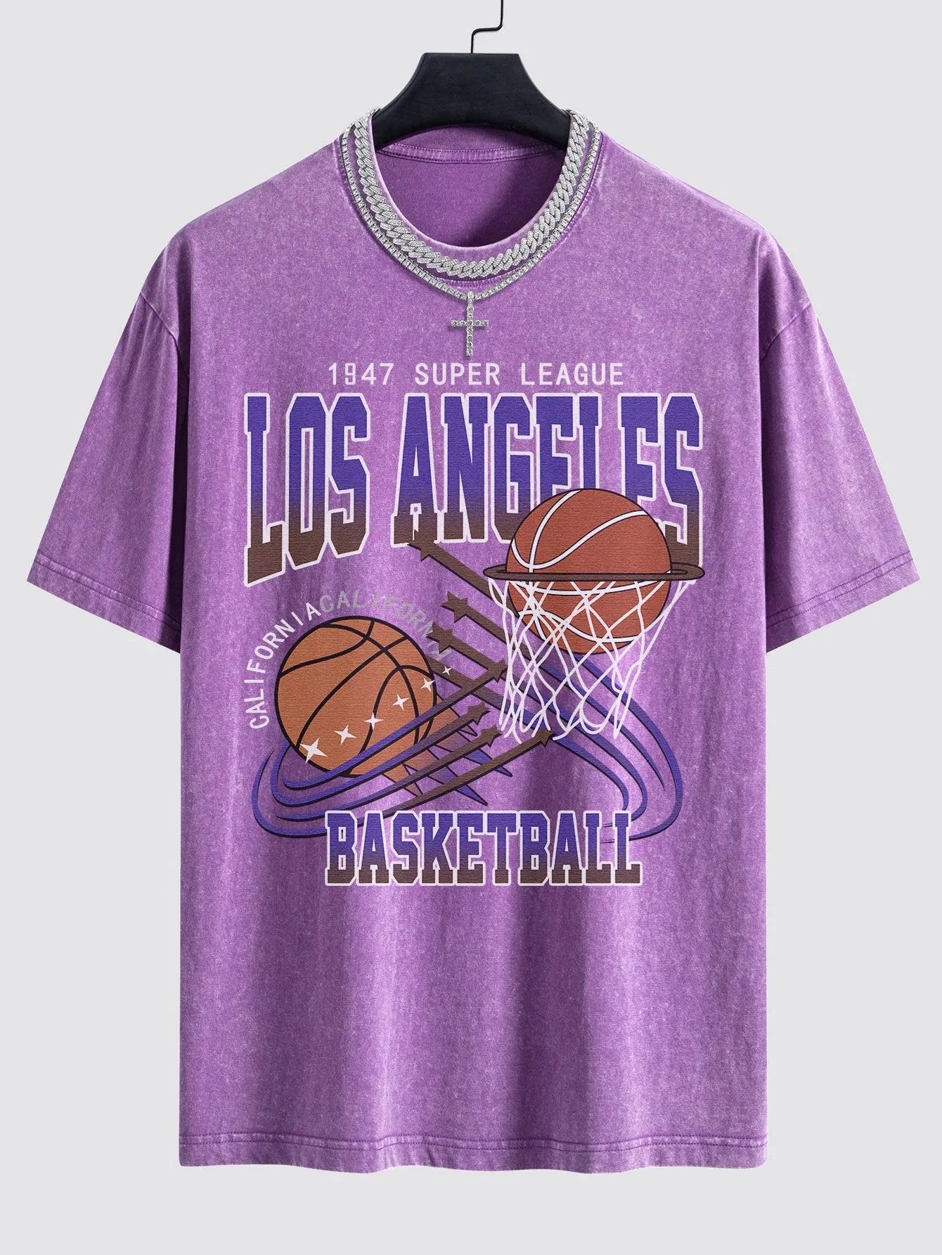 Los Angeles Basketball Print Dicuci T-shirt T-shirt