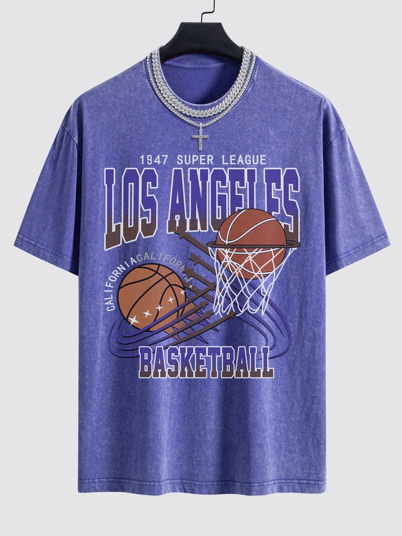 Los Angeles Basketball Print Dicuci T-shirt T-shirt