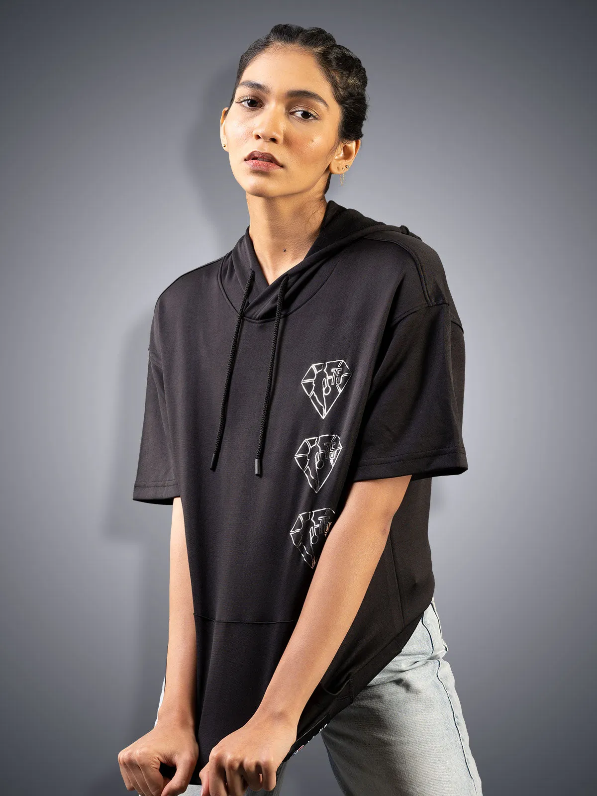 Luxe Knit Oversized T-Shirt Hoodie - Black