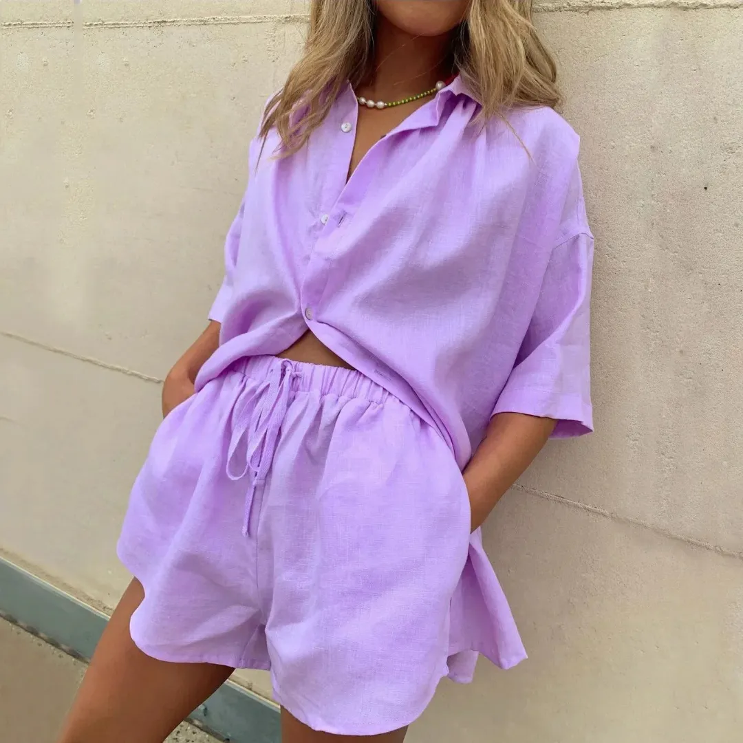 Mason | Women’s Linen 2-Piece Set – Button Down Shirt & Drawstring Shorts