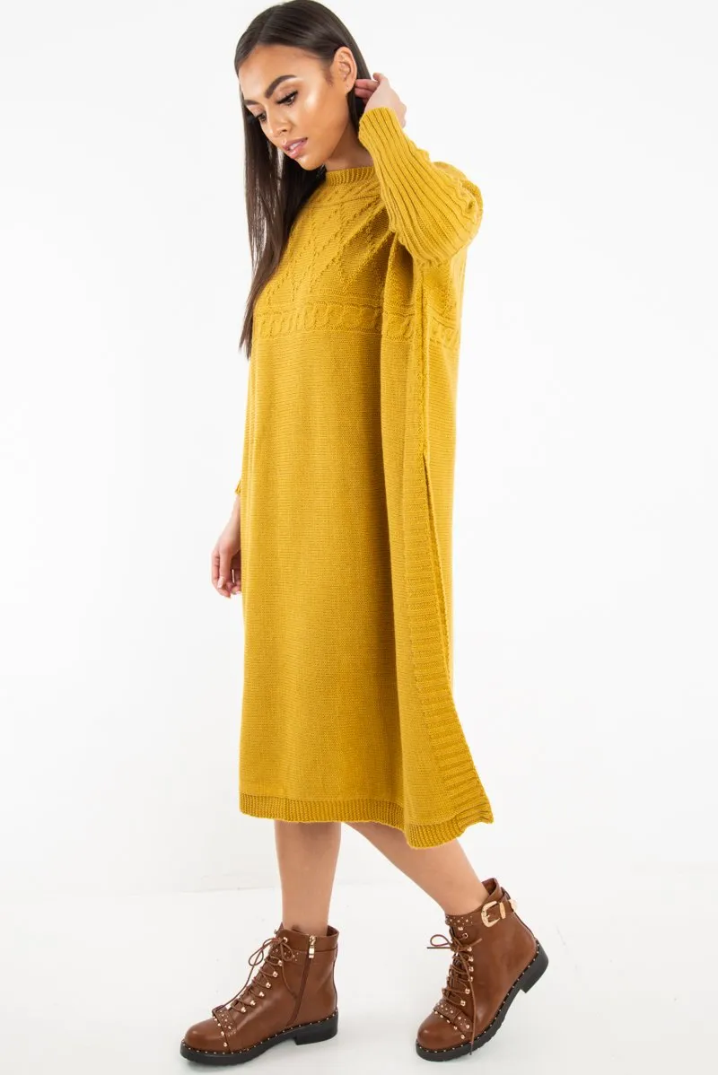 Mustard Cable Knit Side Split Jumper Dress - Maniya