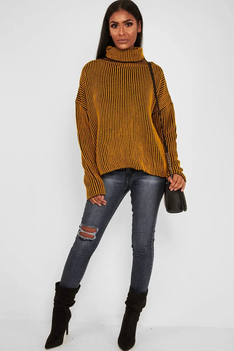 Mustard Ottoman Rib Roll Neck Jumper - Renee