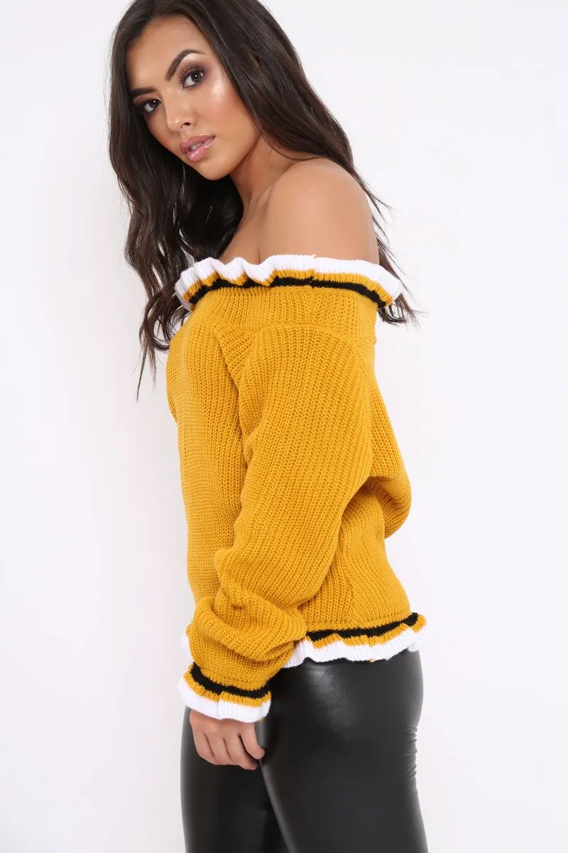 Mustard Stripe Bardot Knitted Jumper - Bailey