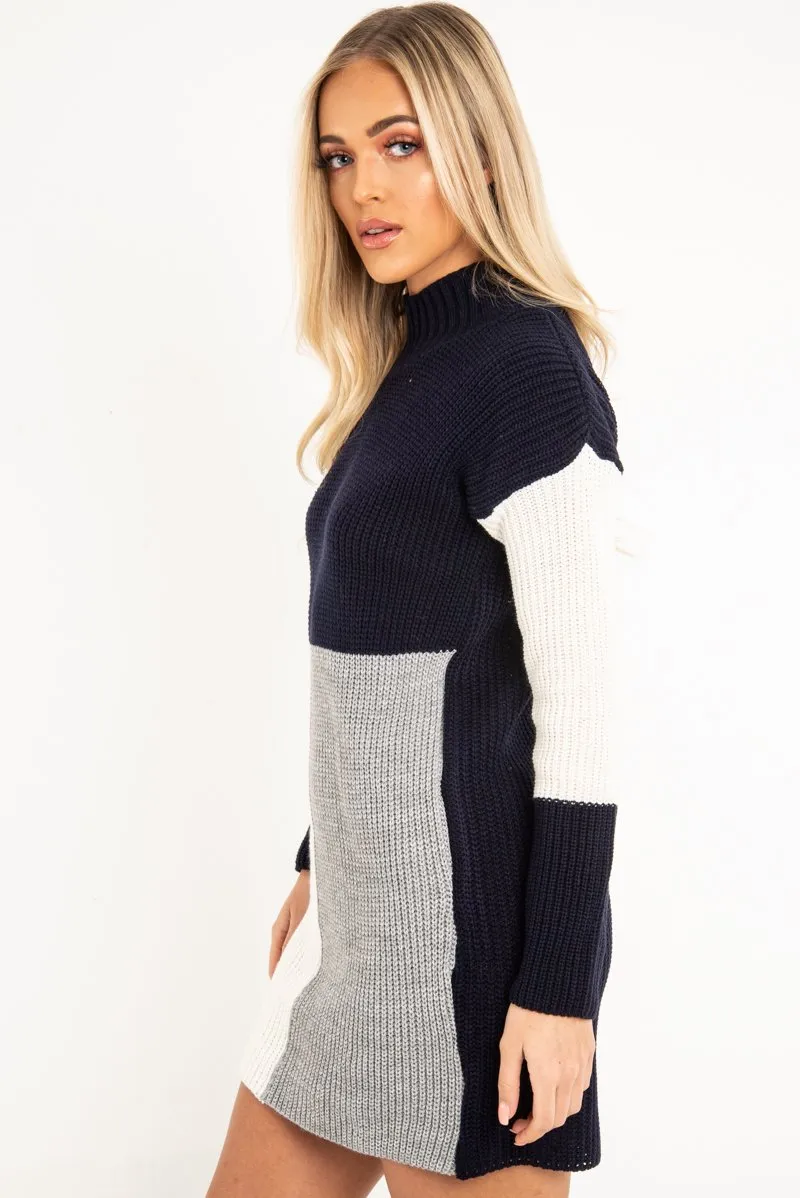 Navy Grey and Cream Knit Jumper Dress - Taila