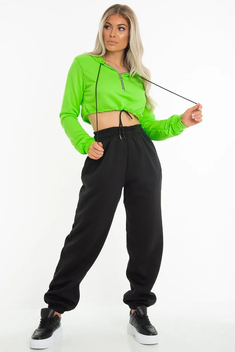 Neon Green Zip Front Drawstring Waist Hoodie Crop Top - Rudi