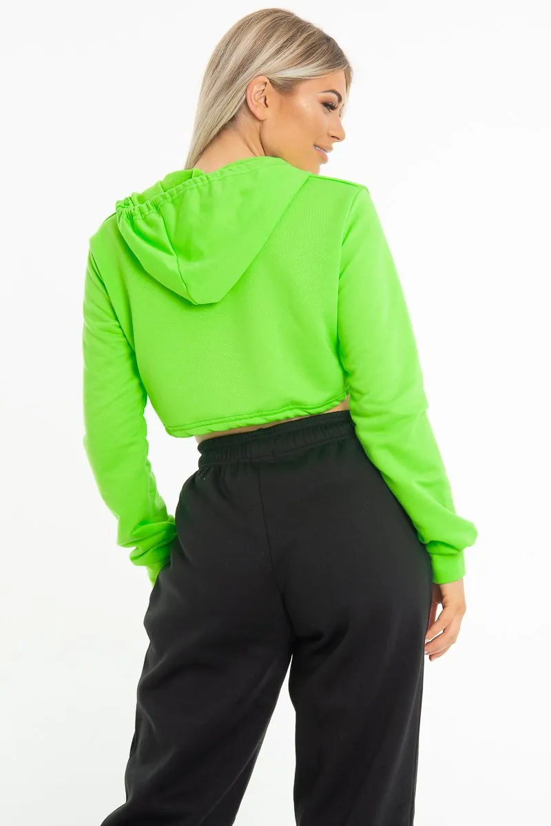 Neon Green Zip Front Drawstring Waist Hoodie Crop Top - Rudi