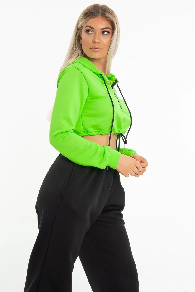 Neon Green Zip Front Drawstring Waist Hoodie Crop Top - Rudi