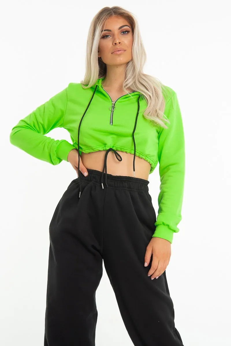 Neon Green Zip Front Drawstring Waist Hoodie Crop Top - Rudi