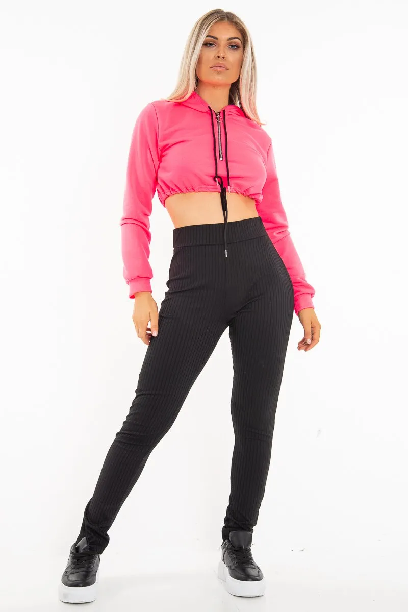 Neon Pink Zip Front Drawstring Waist Hoodie Crop Top - Rudi