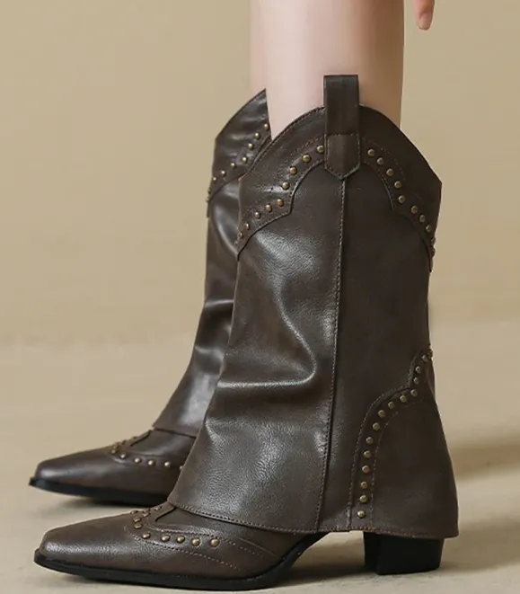 NEW Micas Women's Cowboy Metal Studded Detail Foldover Chunky Heeled Boots, Sz 7, Retails $88