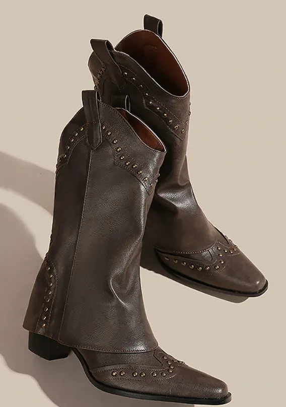 NEW Micas Women's Cowboy Metal Studded Detail Foldover Chunky Heeled Boots, Sz 7, Retails $88