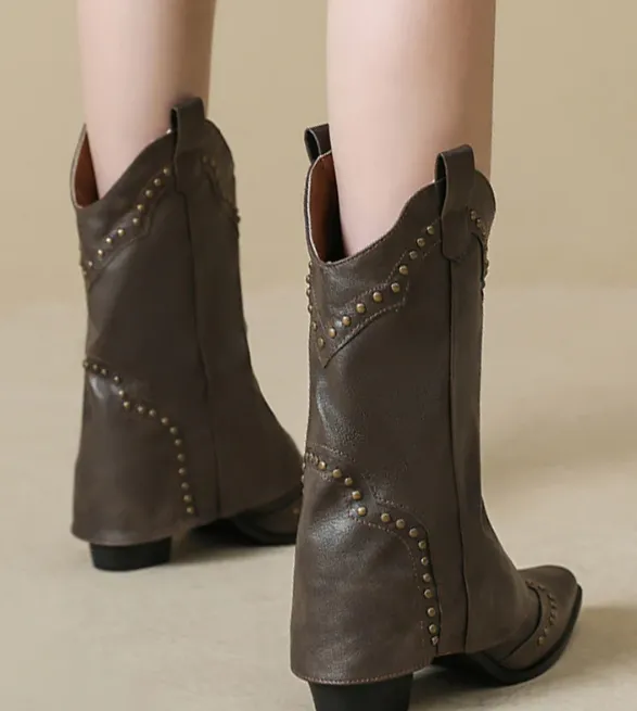 NEW Micas Women's Cowboy Metal Studded Detail Foldover Chunky Heeled Boots, Sz 7, Retails $88