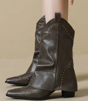 NEW Micas Women's Cowboy Metal Studded Detail Foldover Chunky Heeled Boots, Sz 7, Retails $88