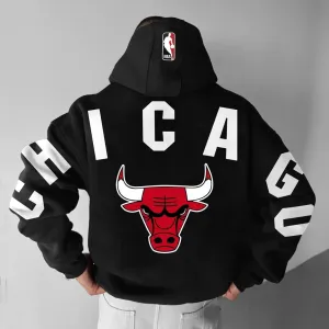 New Oversized Street Style Basketball Print Hoodie Chicago Bulls Hoodie, Black, Sz 2XL unlicensed