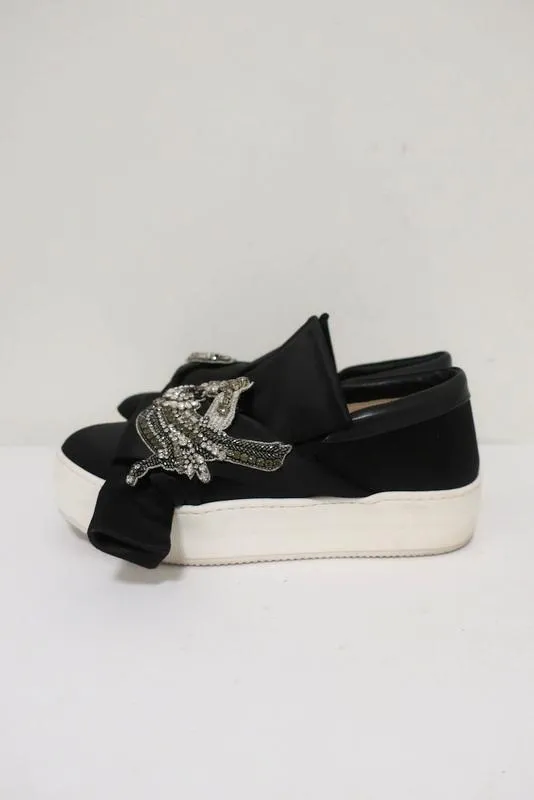 No. 21 Bow Sneakers Black Crystal-Embellished Satin Size 36.5 Slip-On Flatform