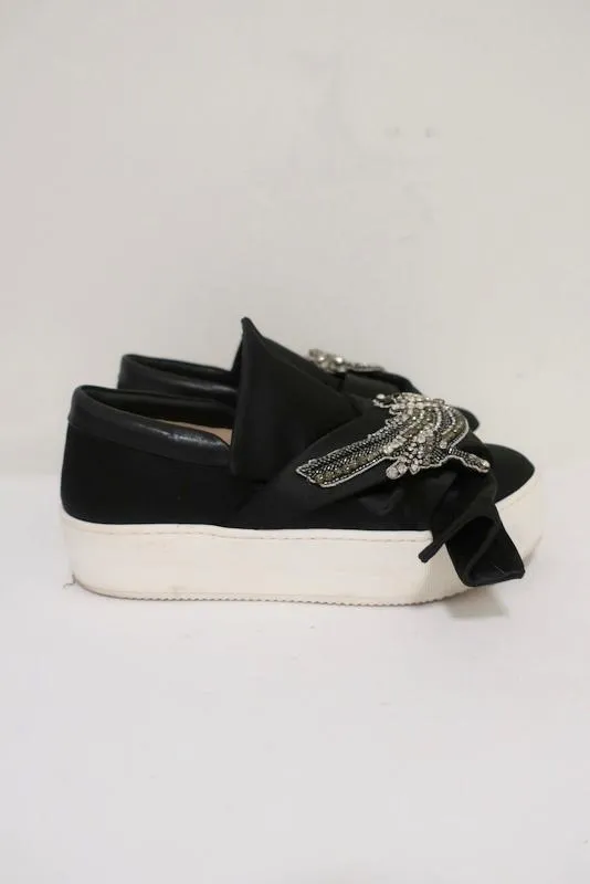 No. 21 Bow Sneakers Black Crystal-Embellished Satin Size 36.5 Slip-On Flatform
