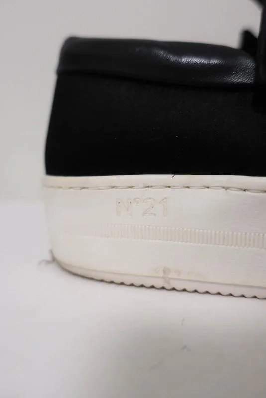 No. 21 Bow Sneakers Black Crystal-Embellished Satin Size 36.5 Slip-On Flatform