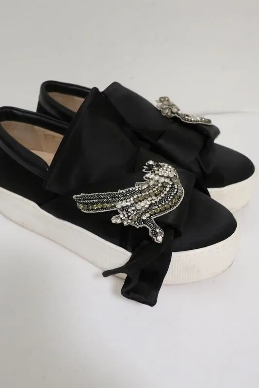 No. 21 Bow Sneakers Black Crystal-Embellished Satin Size 36.5 Slip-On Flatform