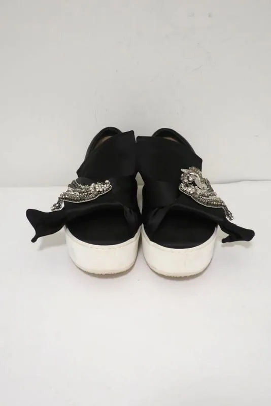 No. 21 Bow Sneakers Black Crystal-Embellished Satin Size 36.5 Slip-On Flatform
