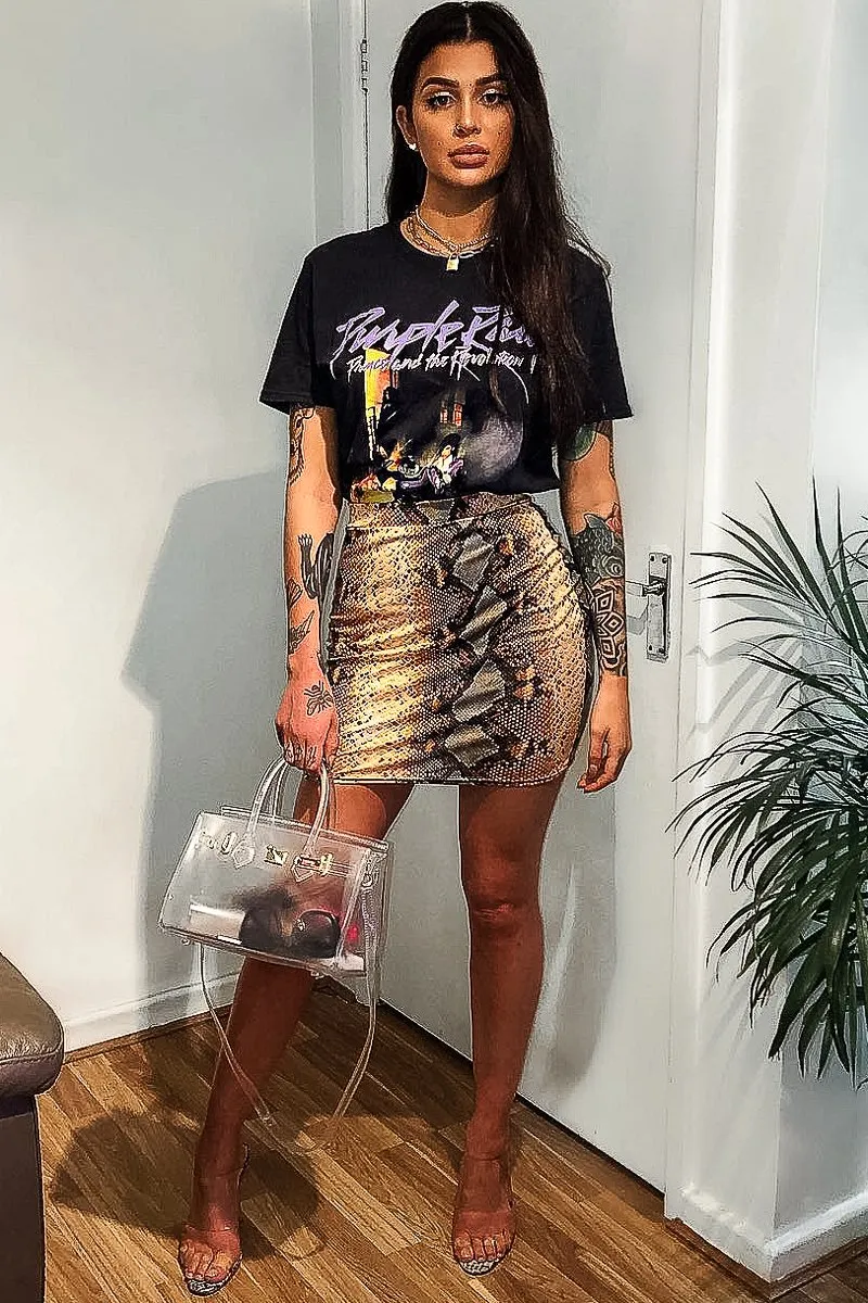 Orange Coated Snake Print Bodycon Mini Skirt - Gigi