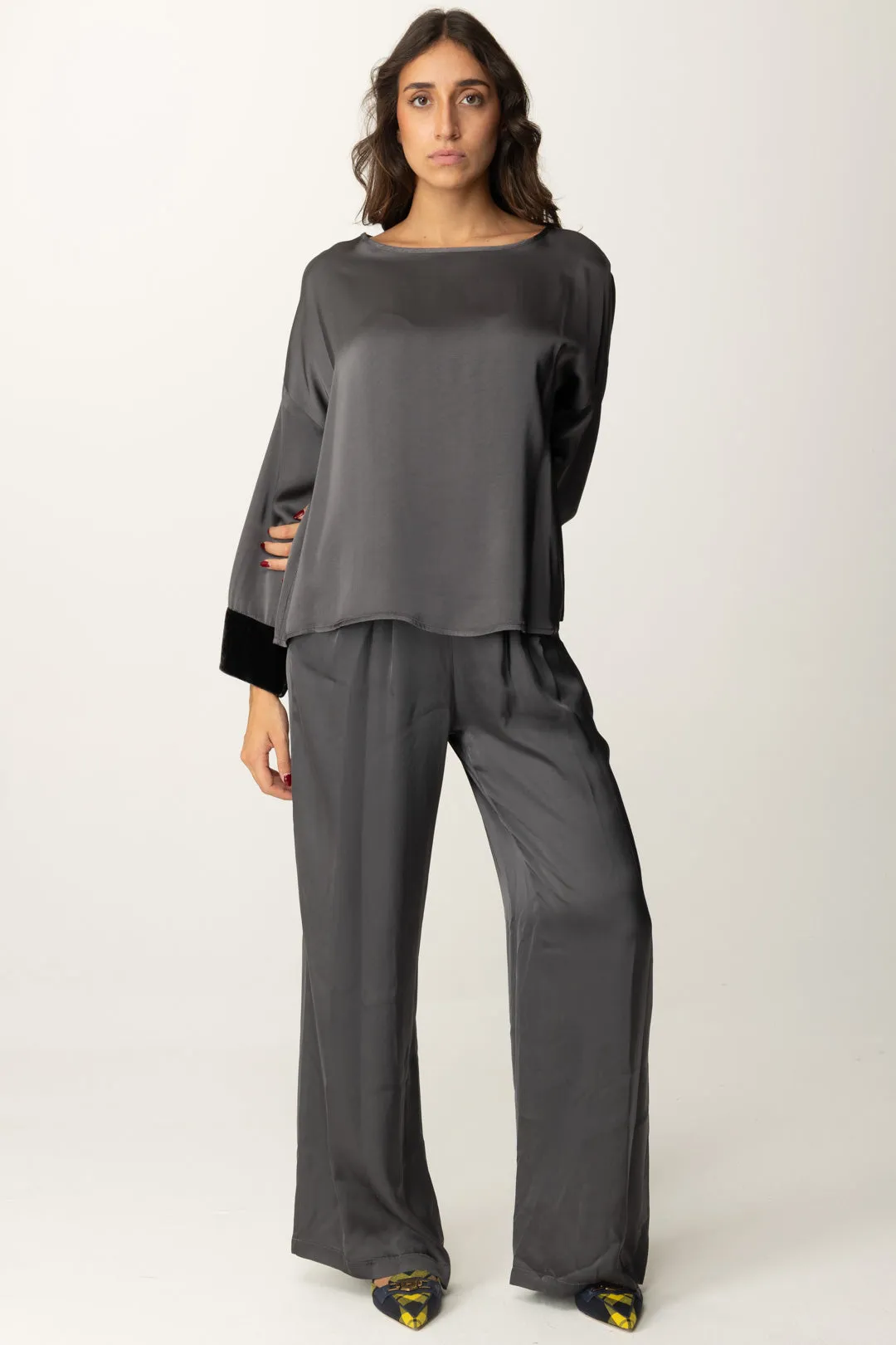 Pantaloni Palazzo con Dettagli In Velluto
