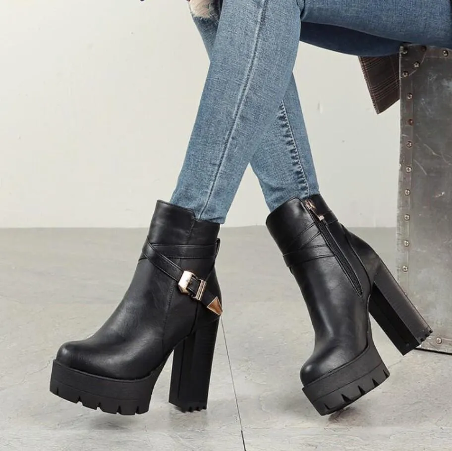 Petite Size Chunky Heel Platform Ankle Boots AP226