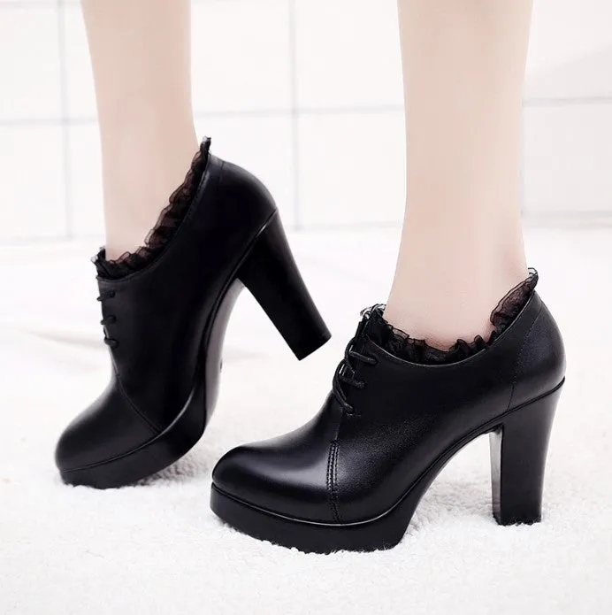 Petite Size Chunky Heel Platform Lace Pumps Booties AS163