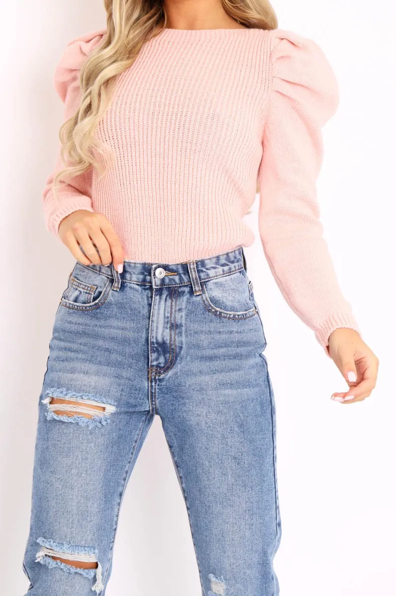 Pink Chunky Knit Puff Sleeve Jumper - Hannahmae
