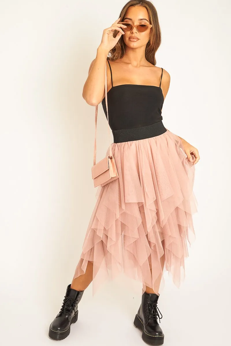 Pink Layered Tulle Midi Skirt - Laveta