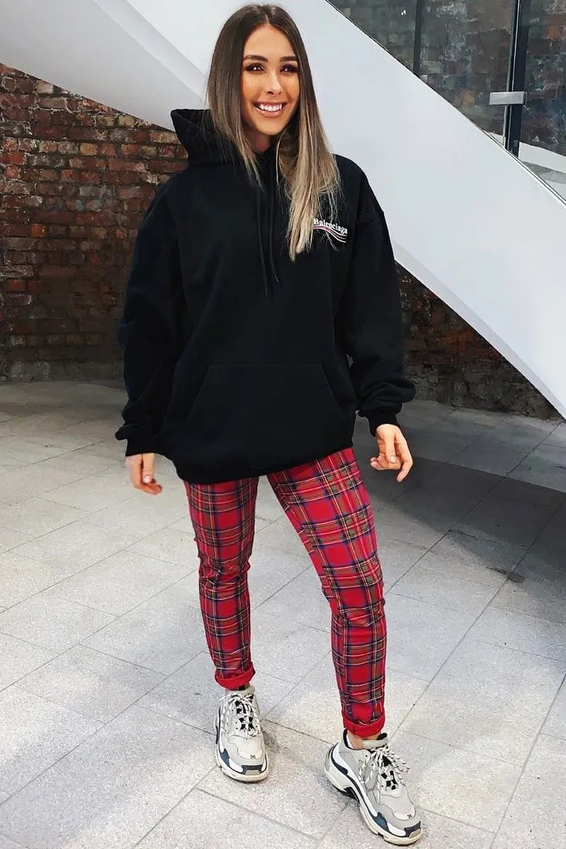 Red Tartan Belted Skinny Fit Trousers - Caitlin