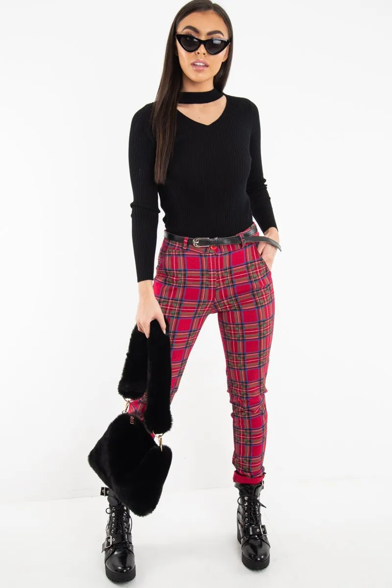 Red Tartan Belted Skinny Fit Trousers - Caitlin