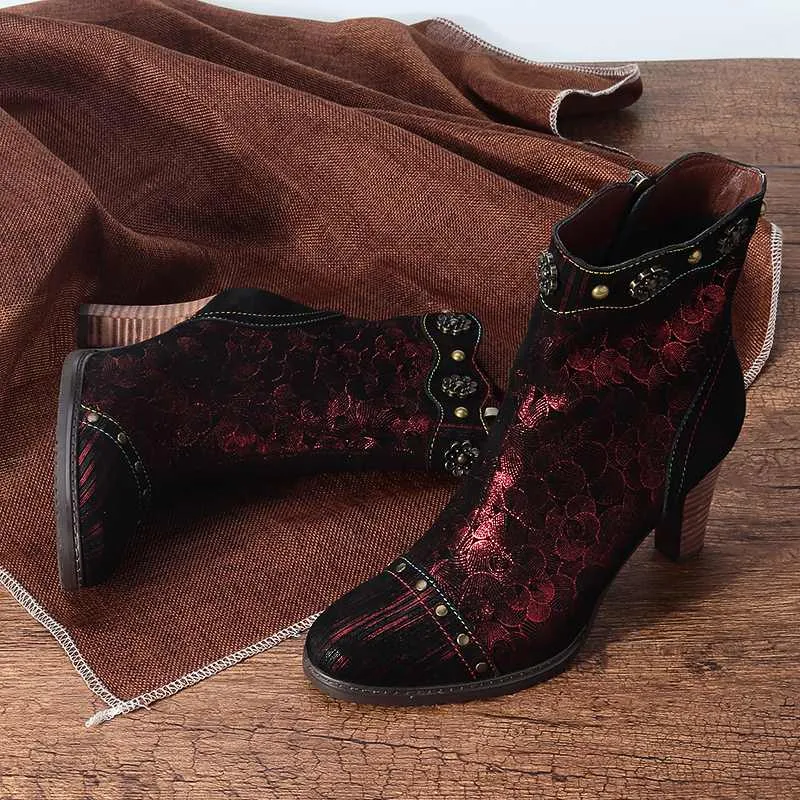 Retro Women Handmade Stitching Low Ankle Boots Stiletto High Heel Zip Pointy Toe Comfy Shoes Soft Ladies Ankle Boots