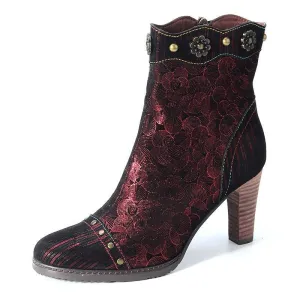 Retro Women Handmade Stitching Low Ankle Boots Stiletto High Heel Zip Pointy Toe Comfy Shoes Soft Ladies Ankle Boots