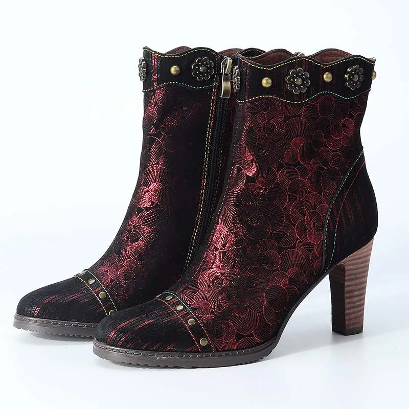 Retro Women Handmade Stitching Low Ankle Boots Stiletto High Heel Zip Pointy Toe Comfy Shoes Soft Ladies Ankle Boots