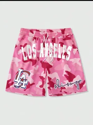 ROMWE MEN Prep Men Street Style Drawstring Waistband Letter And Camouflage Print Basketball Shorts For Summer, School