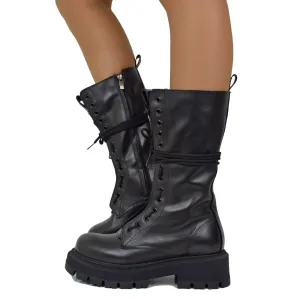RPK Stivali Anfibi Alti Stringati in Vera Pelle Chunky Boots Platform KB916